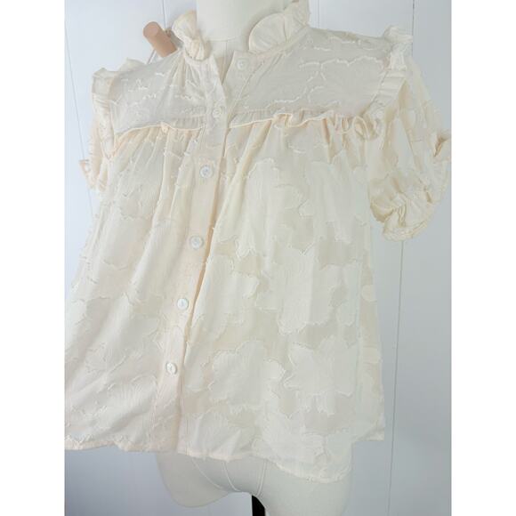Lulus Ivory Floral Burnout Puff Sleeve Button Front Top Size XS Jacquard Blouse - Picture 8 of 13